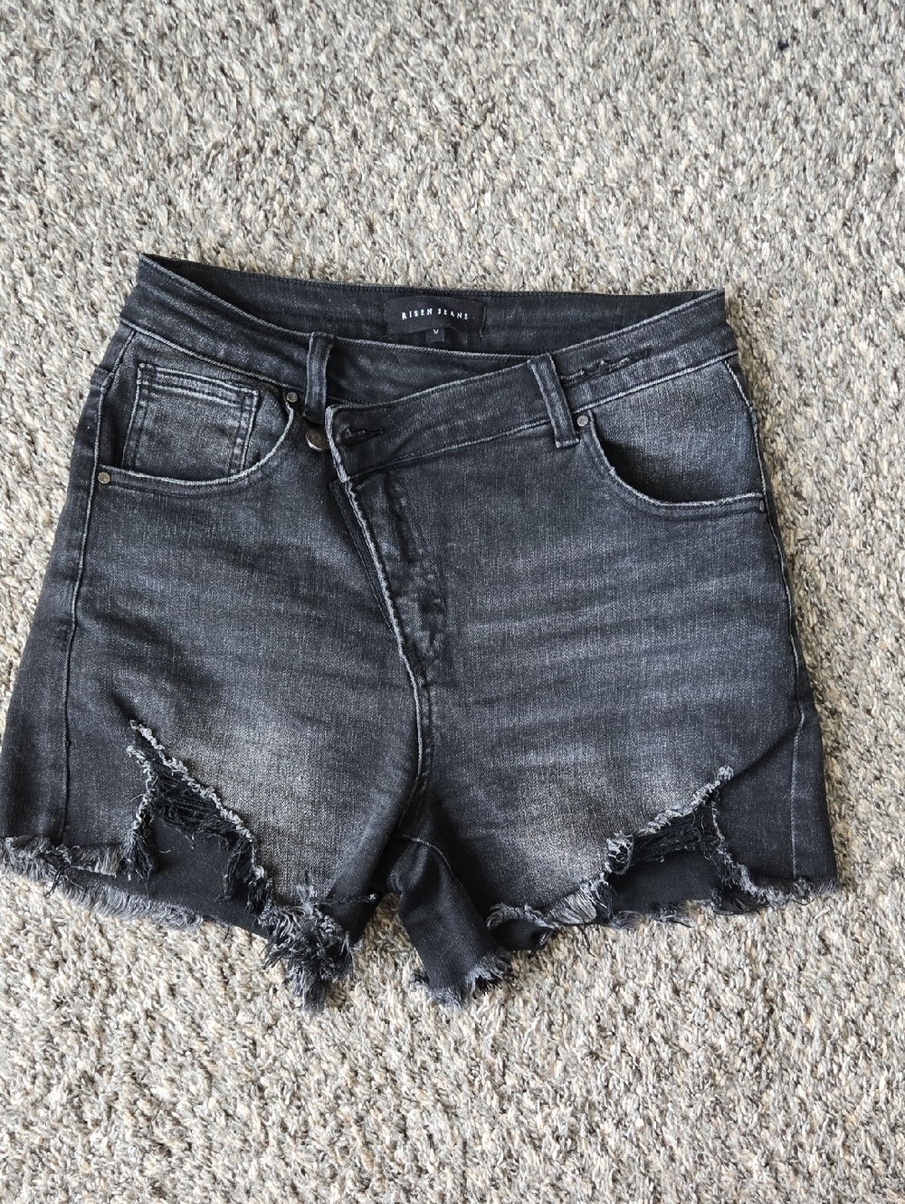 Risen High-Rise Distressed Black Denim Shorts